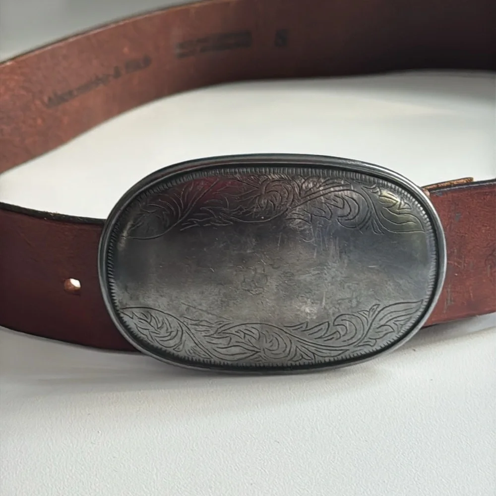 Abercrombie and Fitch Western Tooled Leather Belt Brown Chunky Silver Buckle - Picture 4 of 10